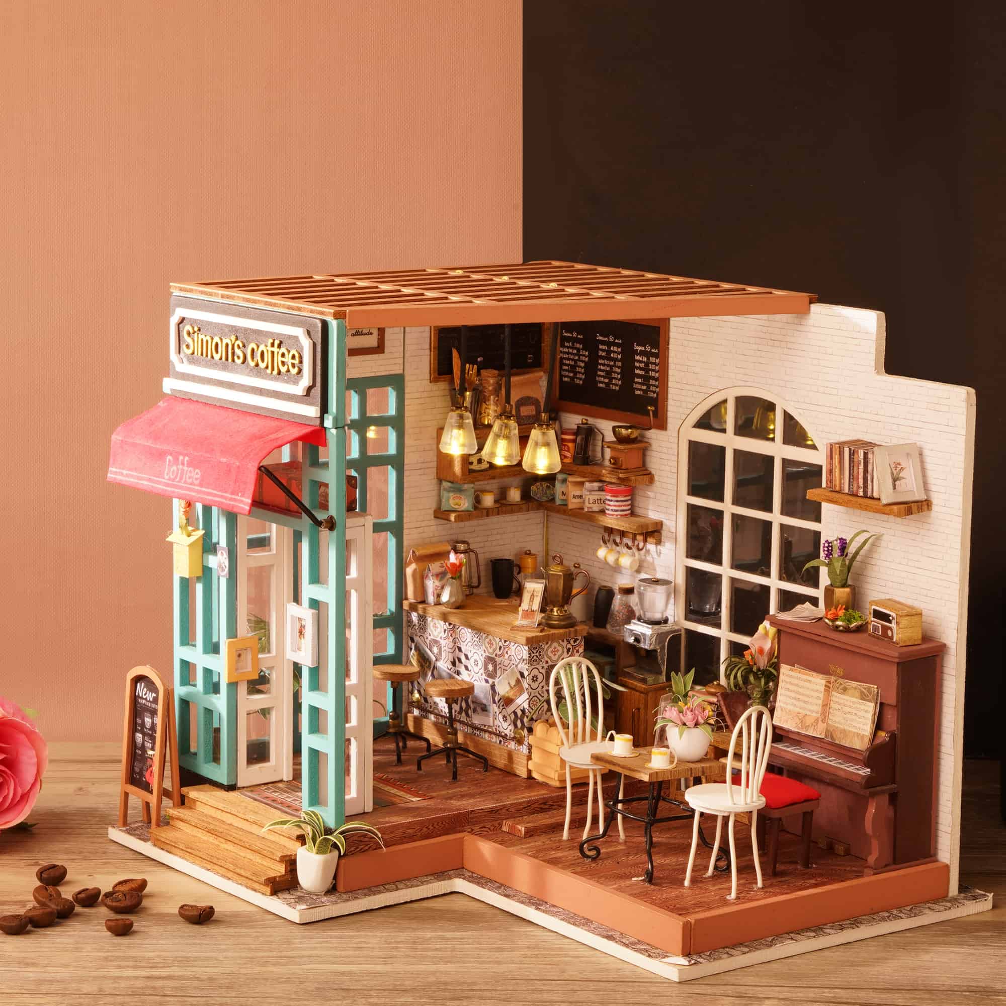 Simmons Coffee Rolife 3D casa de muñecas de Madera con luz café Miniatura DIY Modelo Kit-Tops Juguetes para niños 14 15 16 17 años de Edad hasta-Mejores Regalos para Adultos 